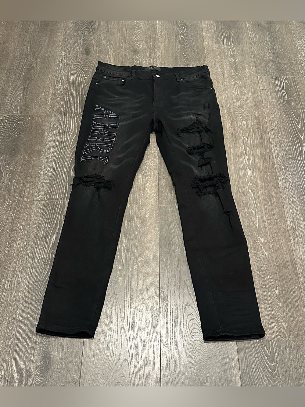 AMIRI Black Distressed Skinny Jeans with Side Logo Mens Size 34